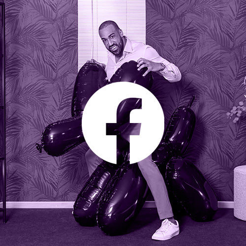 Facebook logo over a purple picture with SHOSU Products 